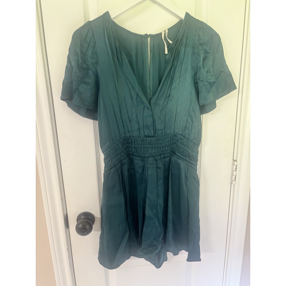 Anthropologie The Somerset Romper Women's S Emerald Green Smocked Waist Satin